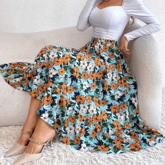 Boho Floral Print Flowy High waist Skirt - Picture 1 of 9